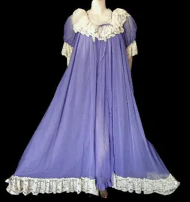 * GORGEOUS RARE, RARE VINTAGE ROVEL DOUBLE NYLON DRIPPING IN LUSCIOUS ECRU LACE NIGHTGOWN & PEIGNOIR IN TANZANITE