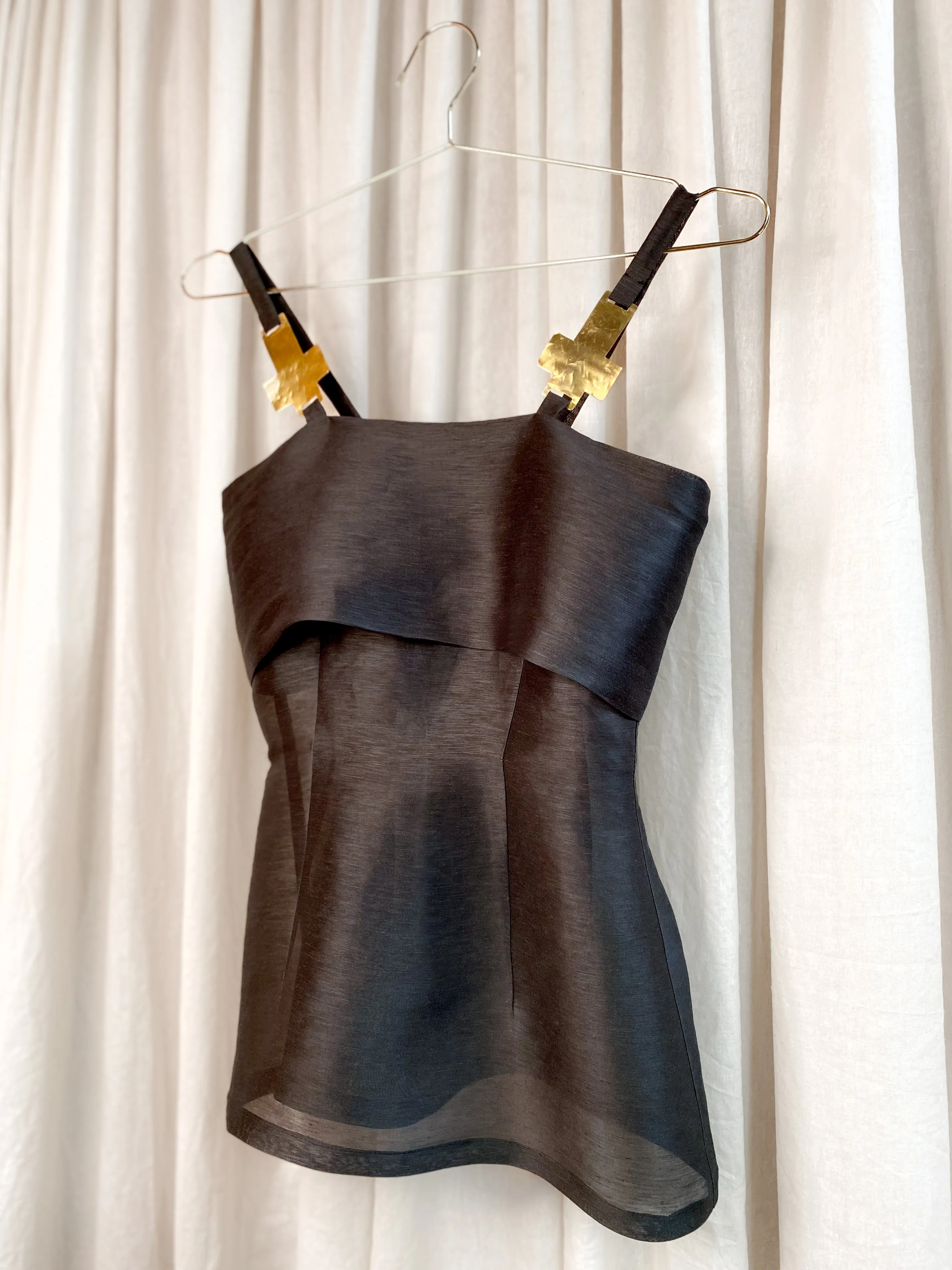 • PRE-LOVED • Linen / Silk Organza Tank Top   Matching Neck Tie [ Black Sheer, Brass Crosses, Size Extra Small ]