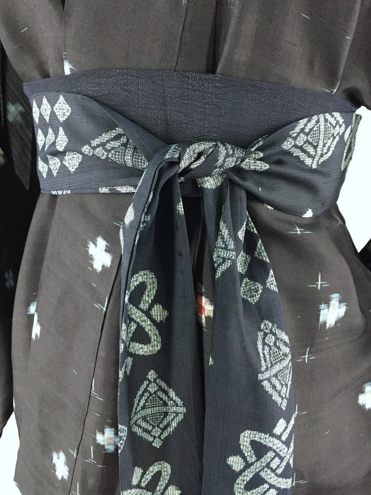 1940s Vintage Silk Kimono Robe, Black Meisen Ikat Cross