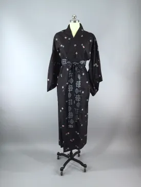 1940s Vintage Silk Kimono Robe, Black Meisen Ikat Cross