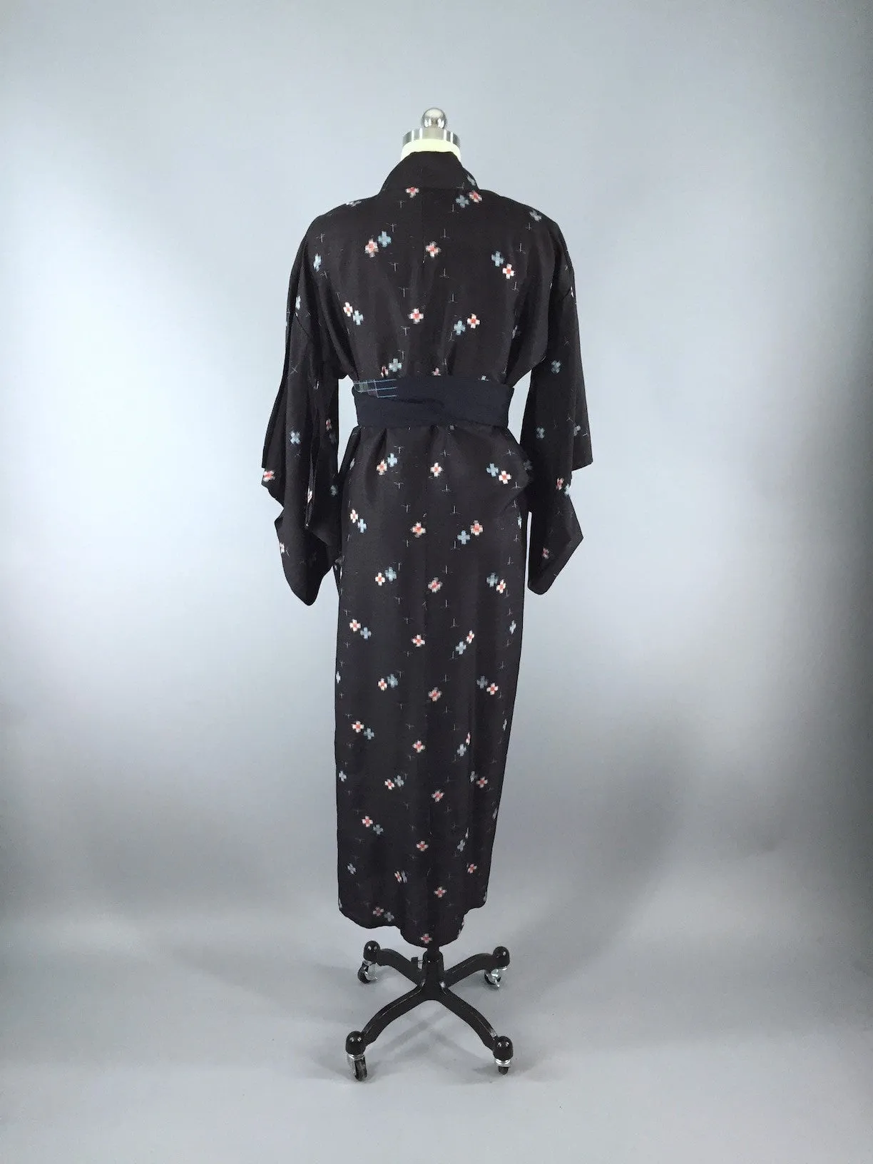 1940s Vintage Silk Kimono Robe, Black Meisen Ikat Cross