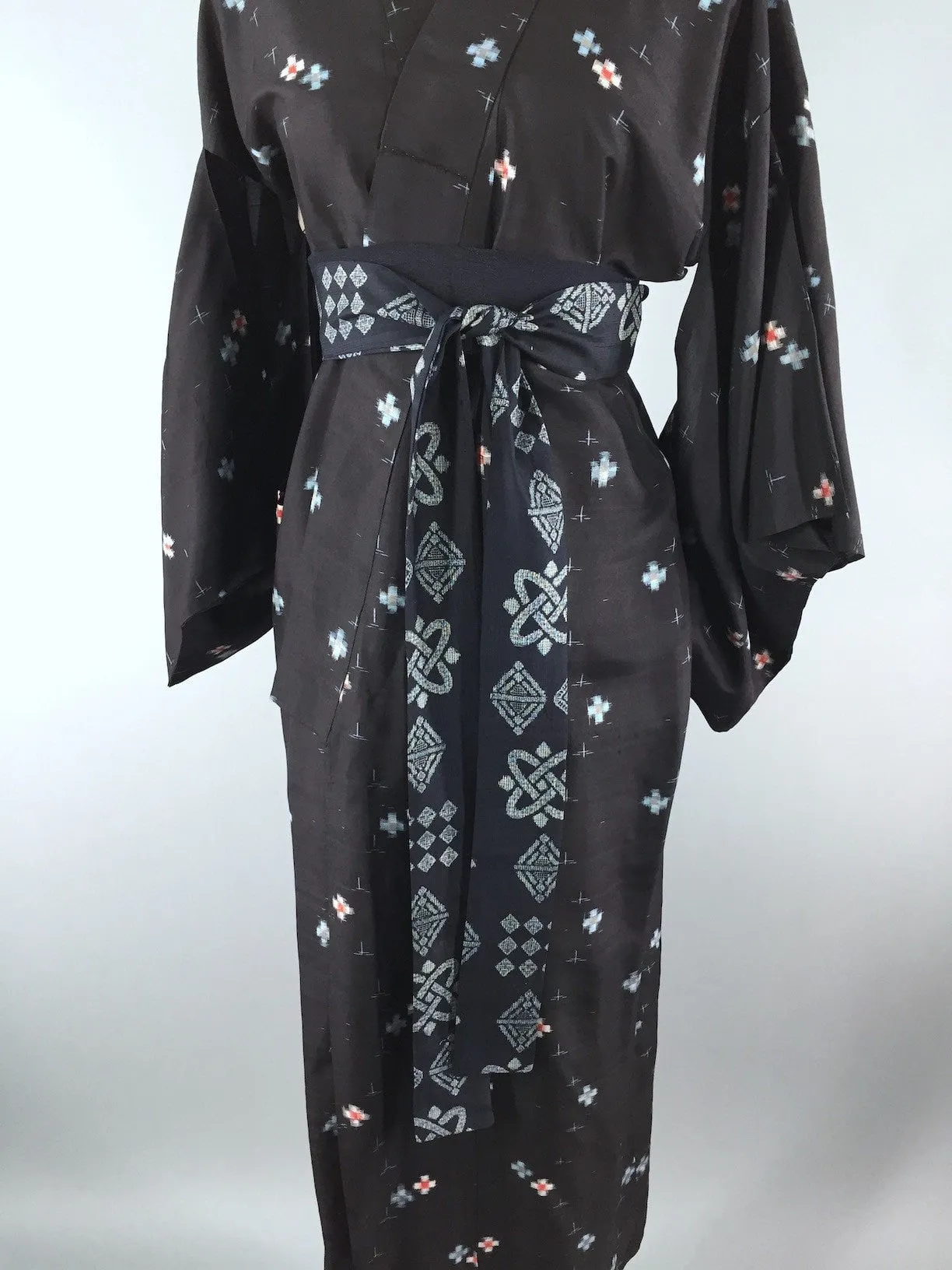 1940s Vintage Silk Kimono Robe, Black Meisen Ikat Cross