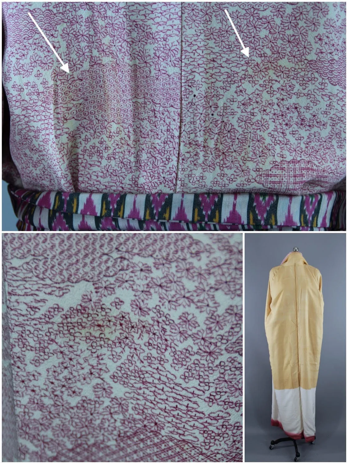 1950s Vintage Silk Kimono Robe / Pink Tiny Floral Print
