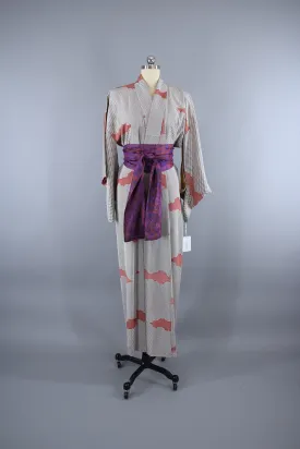 1960s Vintage Silk Kimono Robe / Black & White Clouds