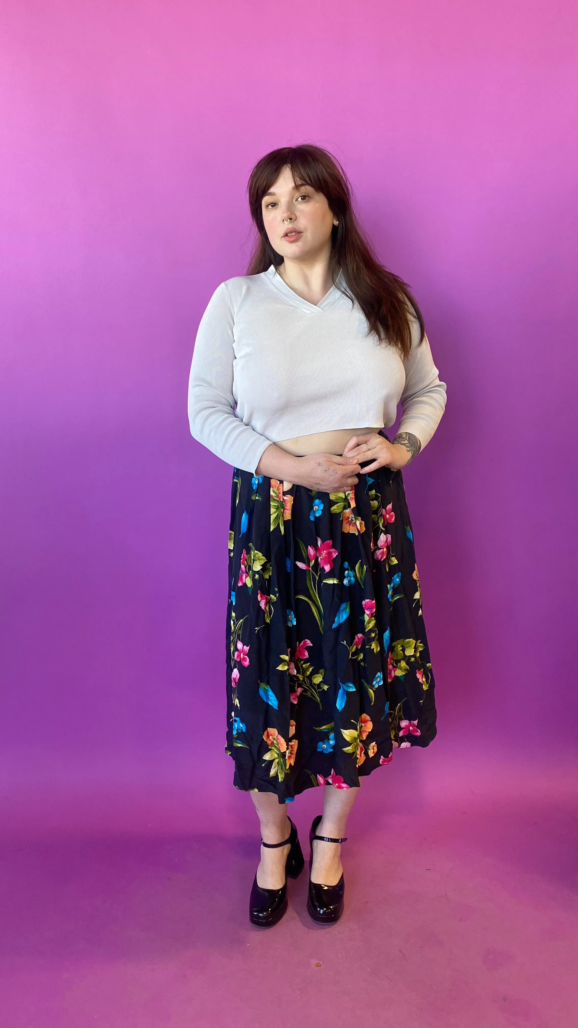 1980s Silk Vibrant Watercolor Floral Skirt, sz. XL