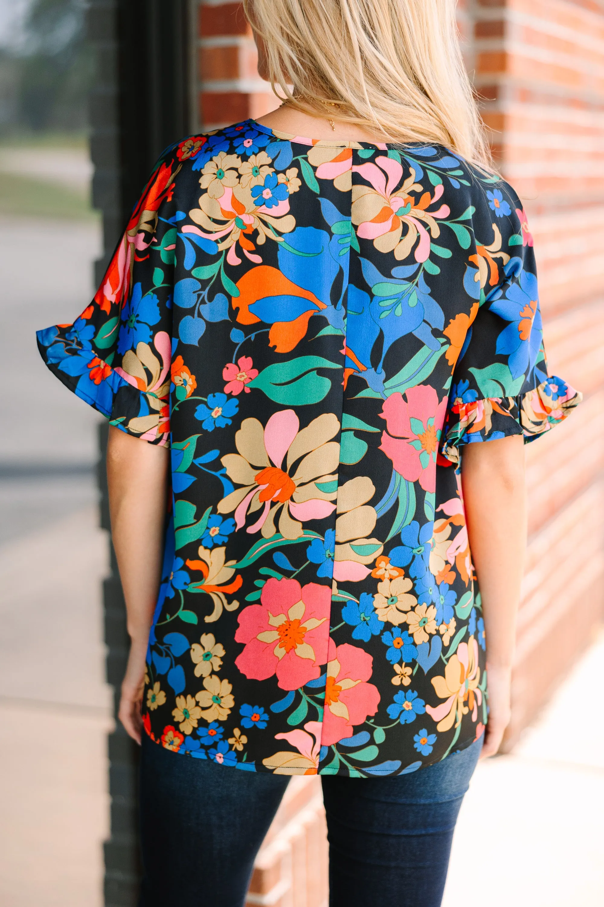 All I Ask Black And Red Floral Ruffled Top