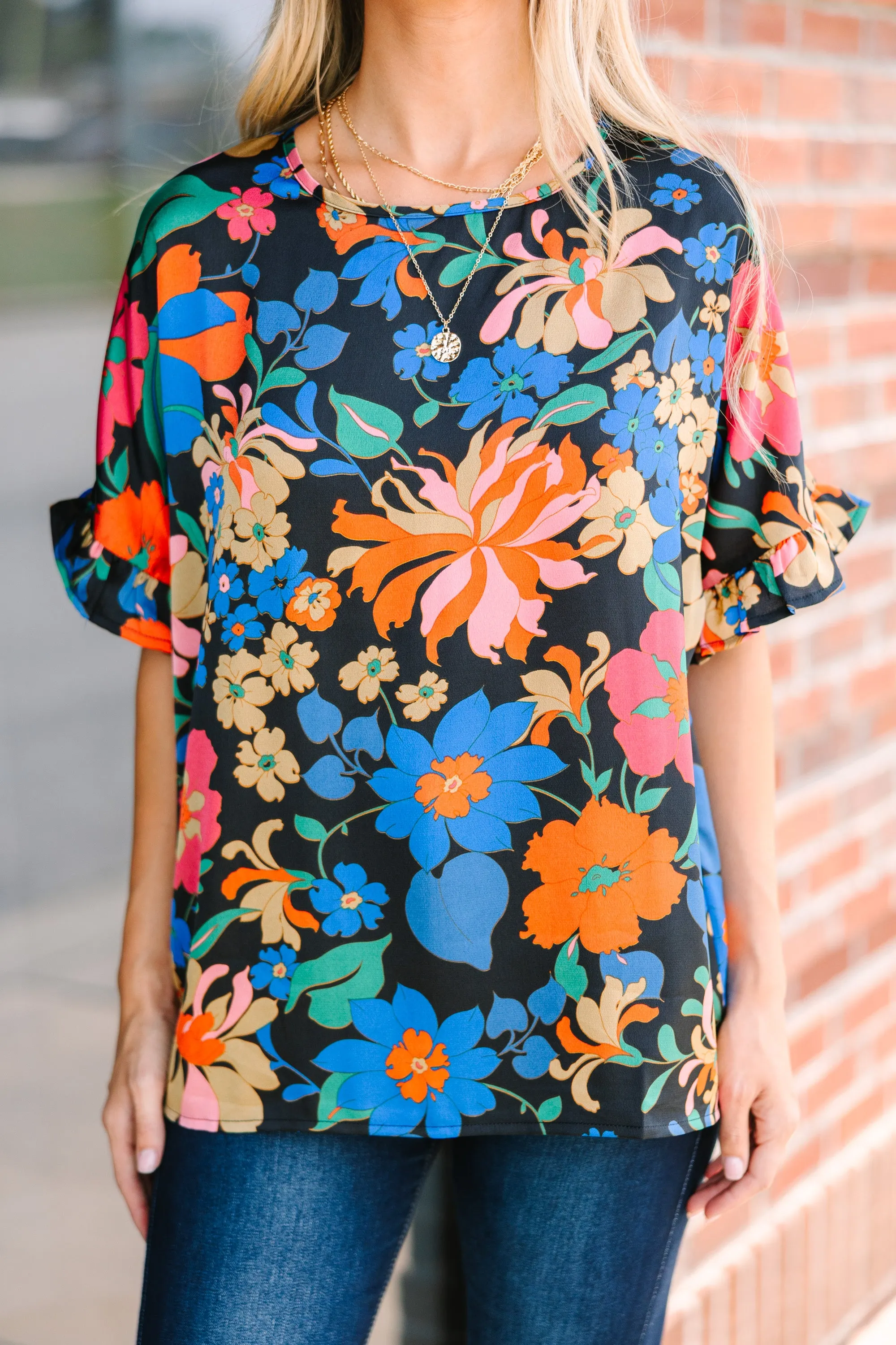 All I Ask Black And Red Floral Ruffled Top