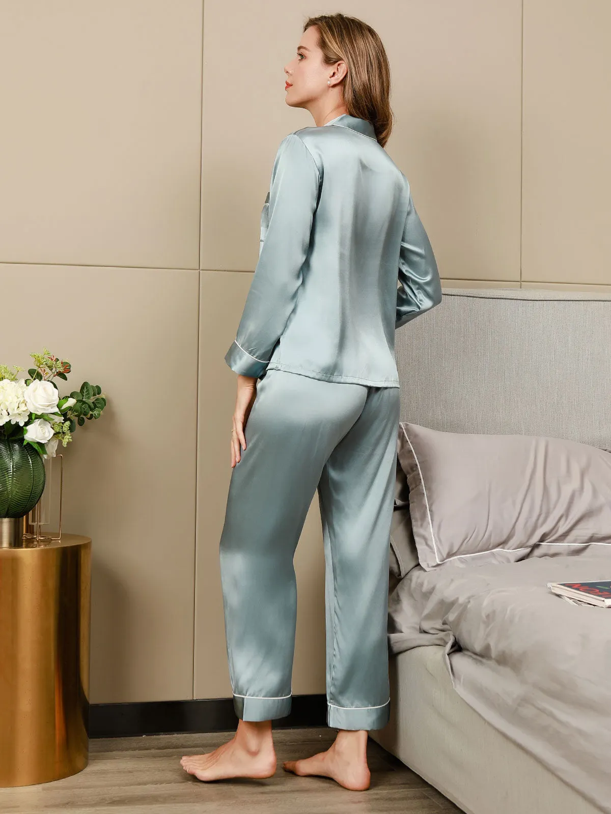 Binding Trim Classic Pure Silk Pajamas Set