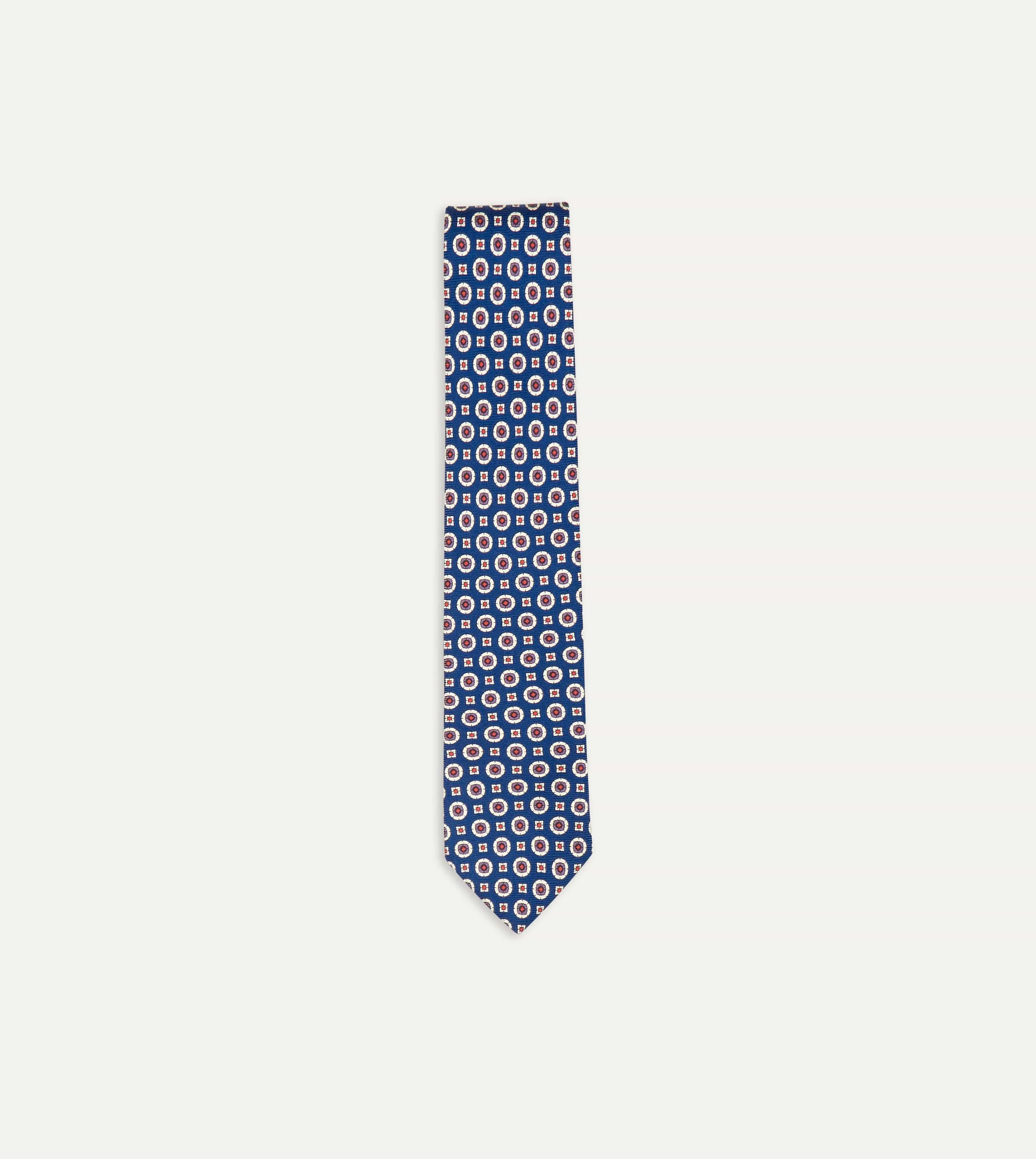 Blue and Red Geometric Medallion Print Silk Foulard Tie