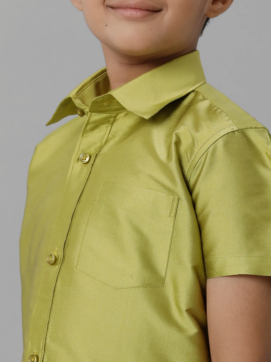 Boys Silk Cotton Lemon Green Half Sleeves Shirt with Adjustable Cream Dhoti Combo K44