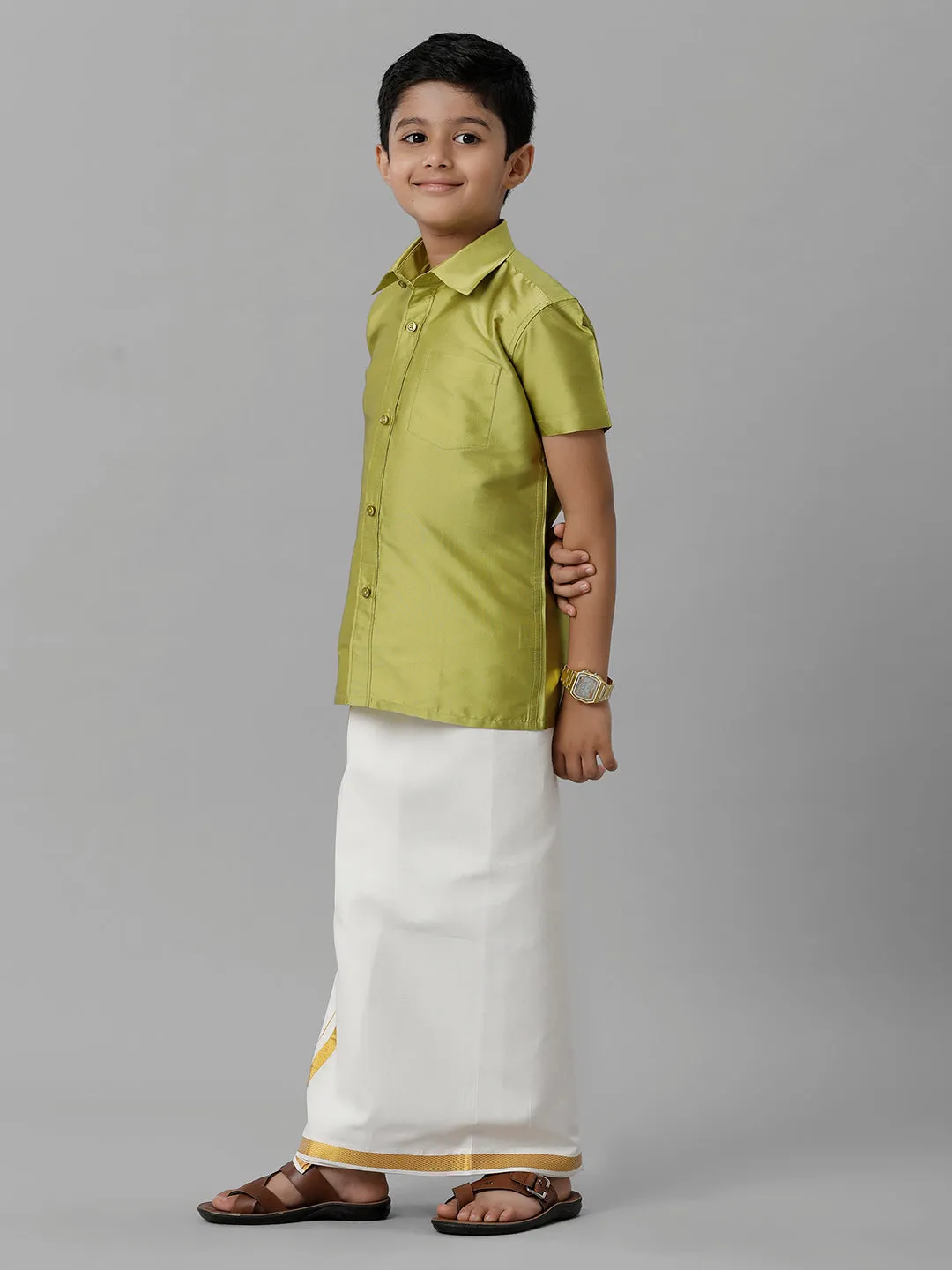 Boys Silk Cotton Lemon Green Half Sleeves Shirt with Adjustable Cream Dhoti Combo K44