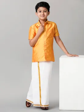 Boys Silk Cotton Yellow Half Sleeves Shirt with Adjustable White Dhoti Combo K6