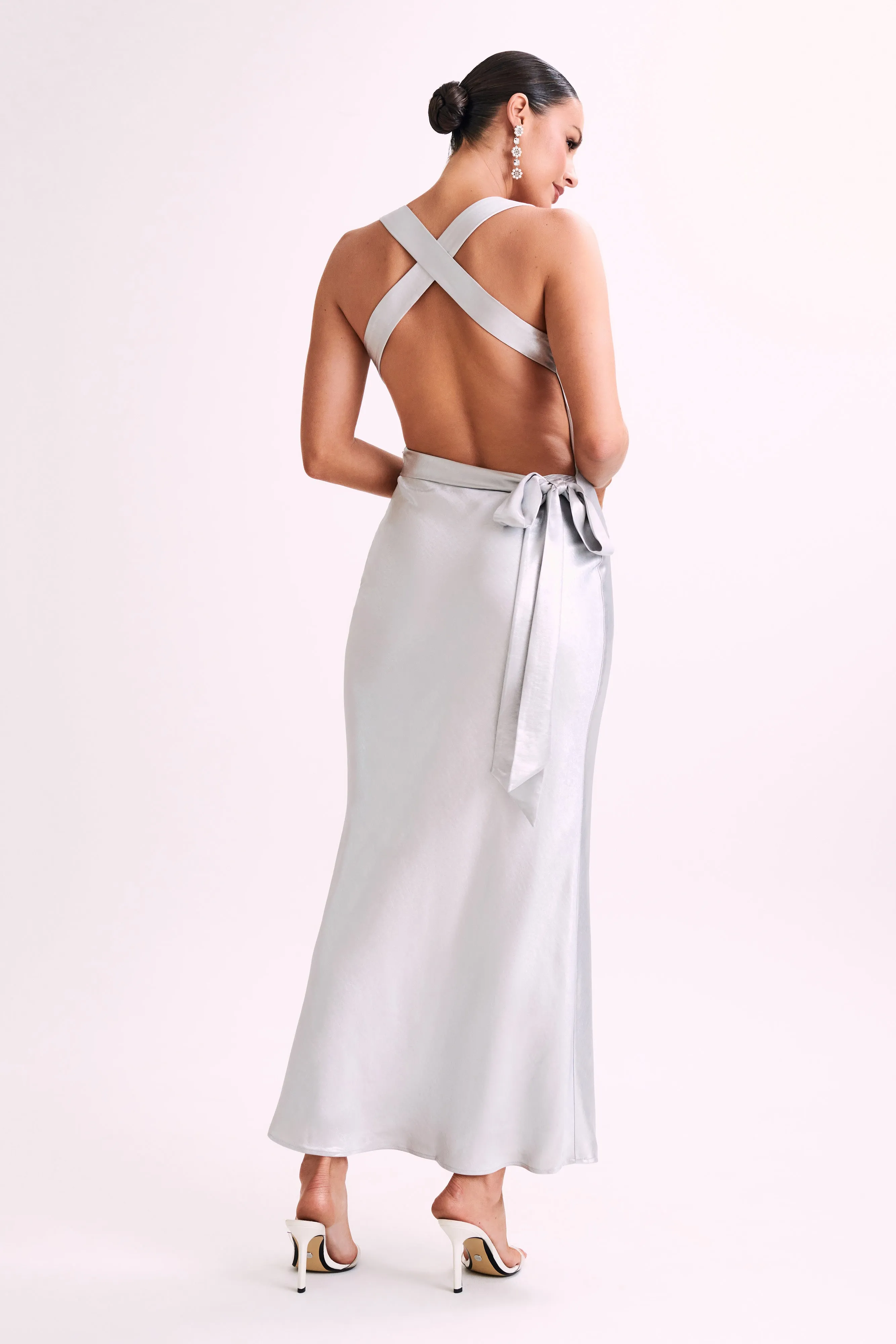 Elegant Silver Caellie Satin Cowl Neck Maxi Dress