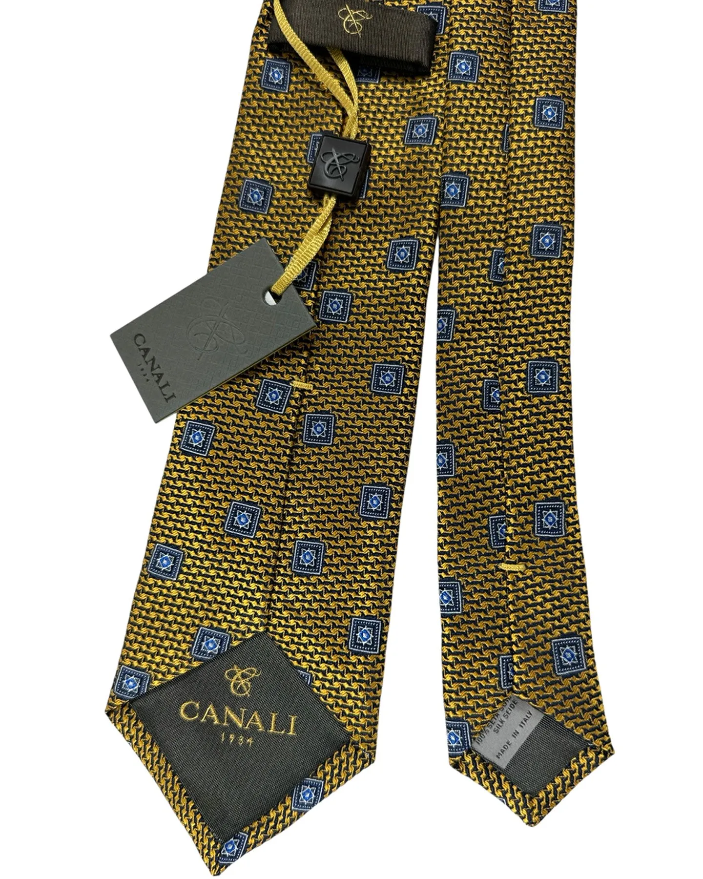 Canali Silk Tie Mustard Navy Medallions Pattern