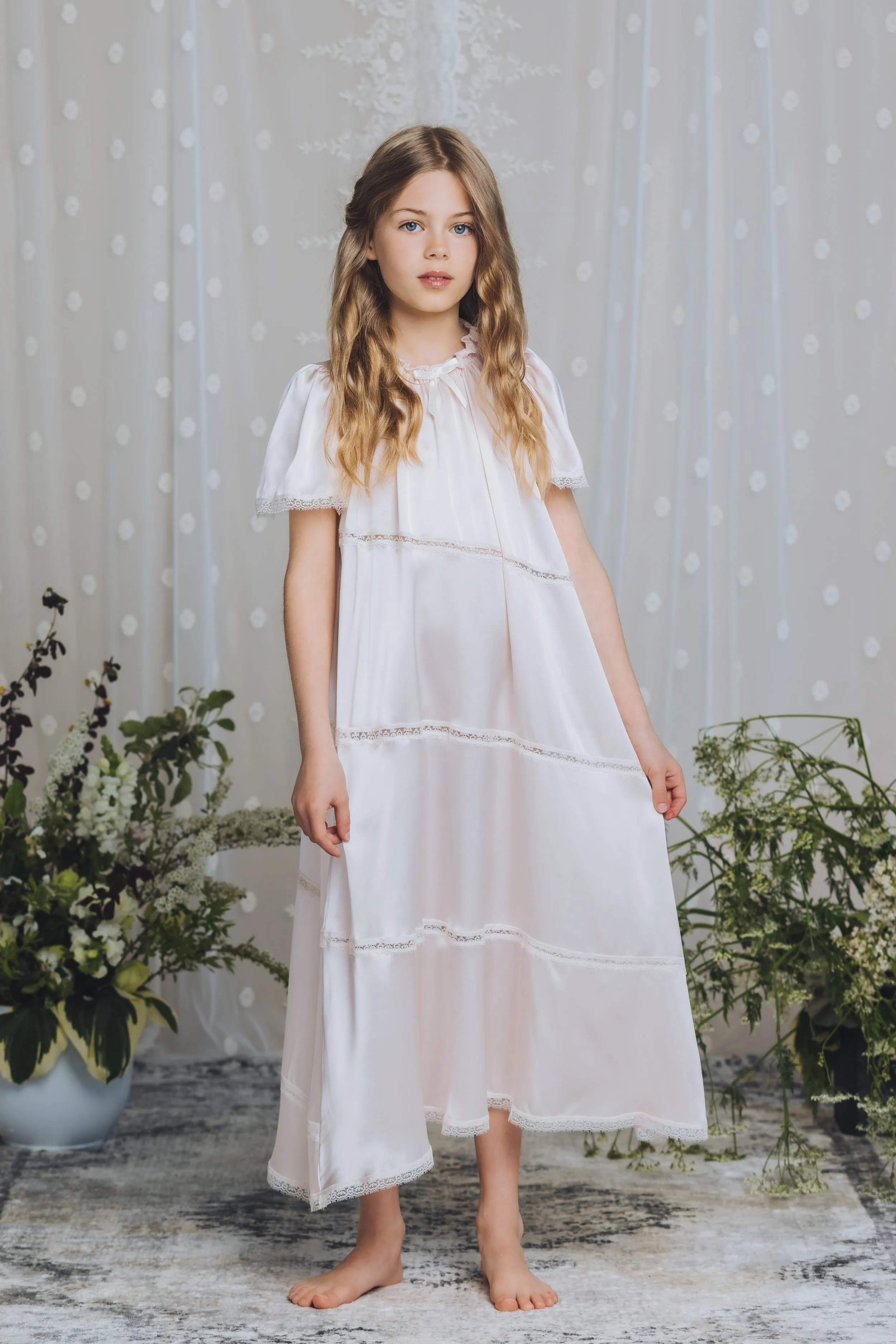 CATHERINE - GIRLS SILK NIGHTDRESS PEACH PINK