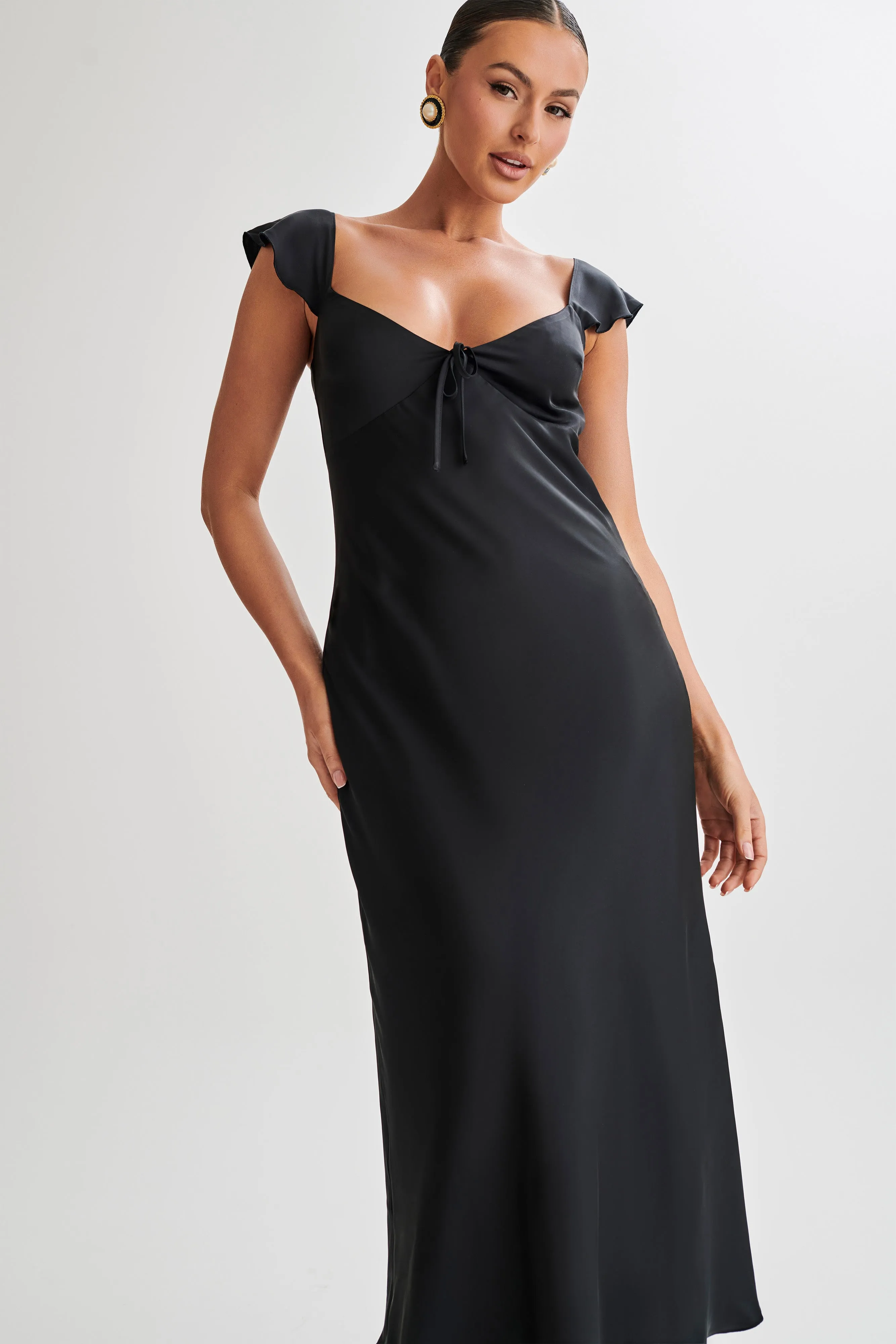 Elegant Black Chantal Satin Midi Dress with Short Sleeves