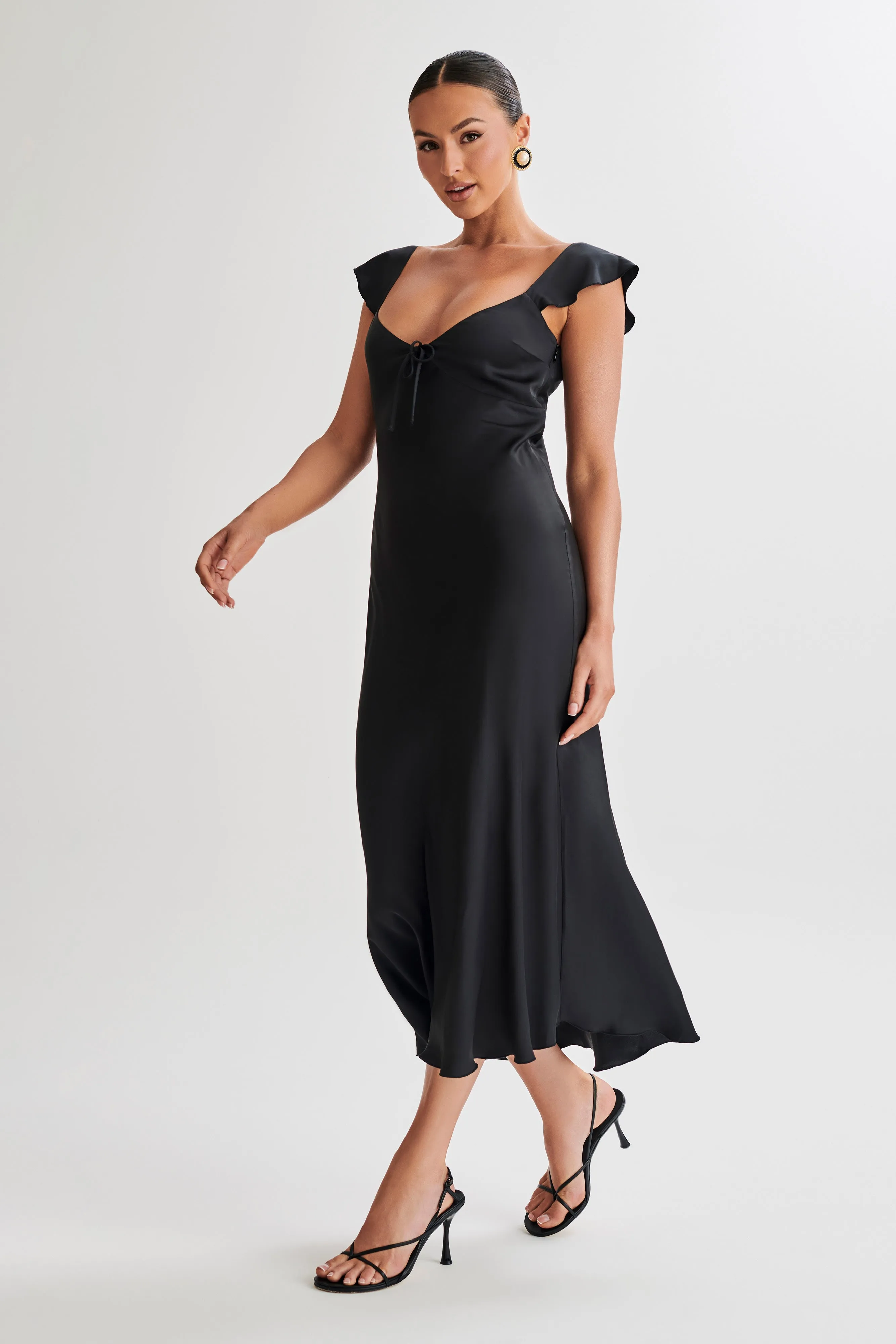 Elegant Black Chantal Satin Midi Dress with Short Sleeves