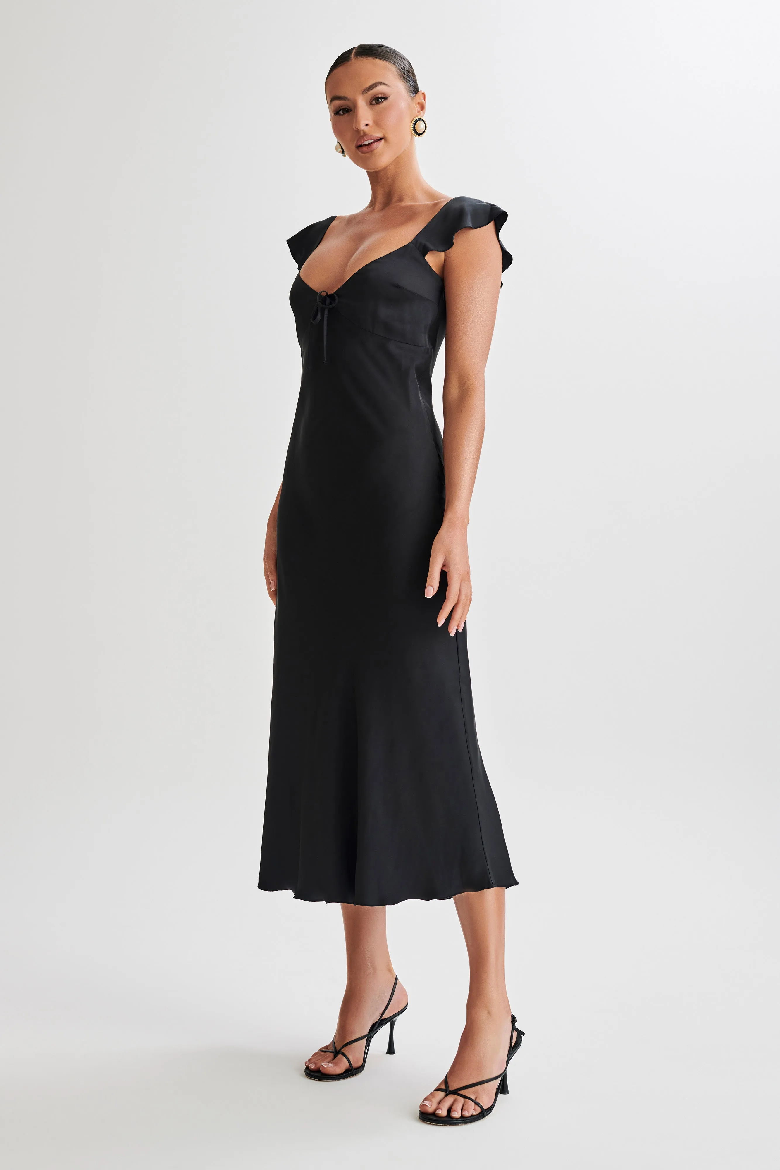 Elegant Black Chantal Satin Midi Dress with Short Sleeves