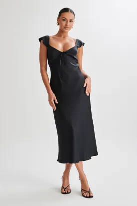 Elegant Black Chantal Satin Midi Dress with Short Sleeves