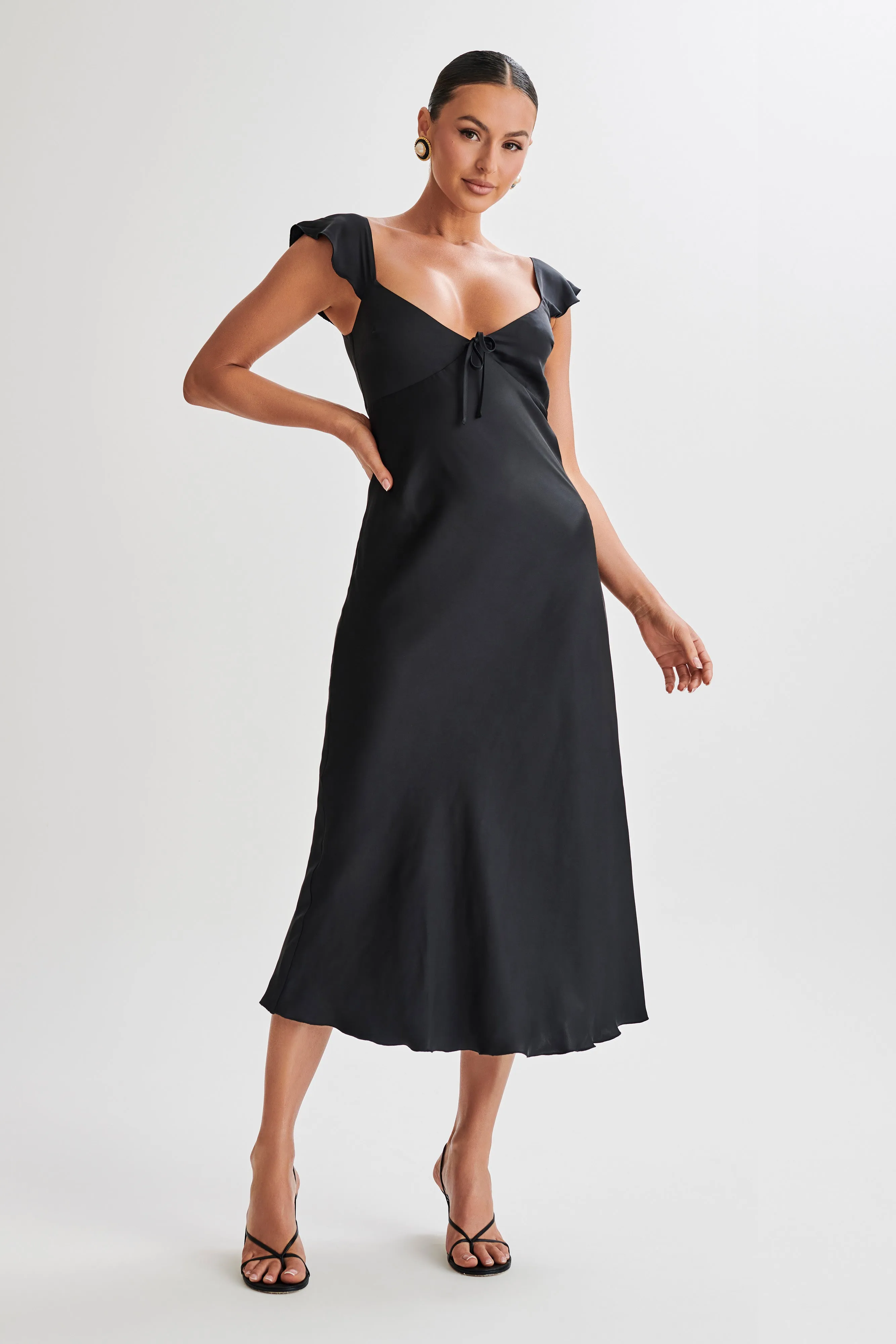 Elegant Black Chantal Satin Midi Dress with Short Sleeves