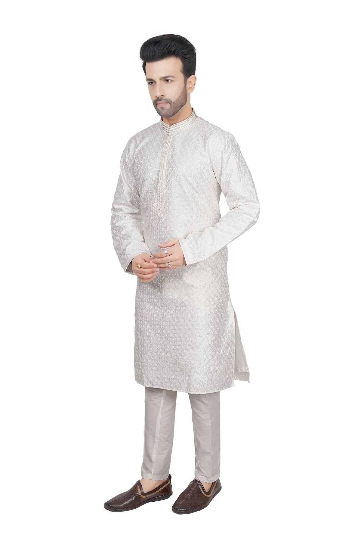 Cloud white embroidered mens kurta set