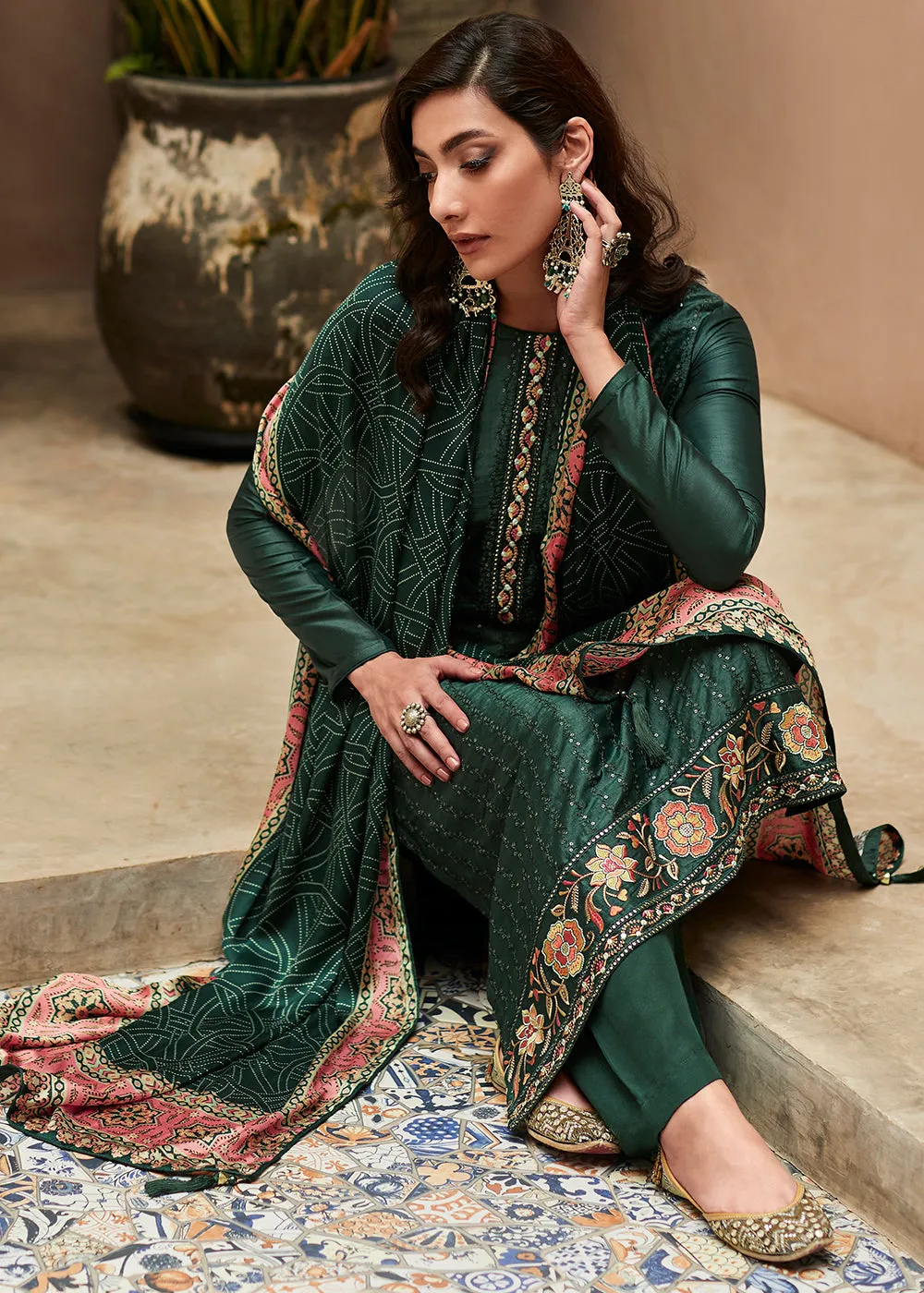 Dark Green Digital Printed Designer Silk Suit