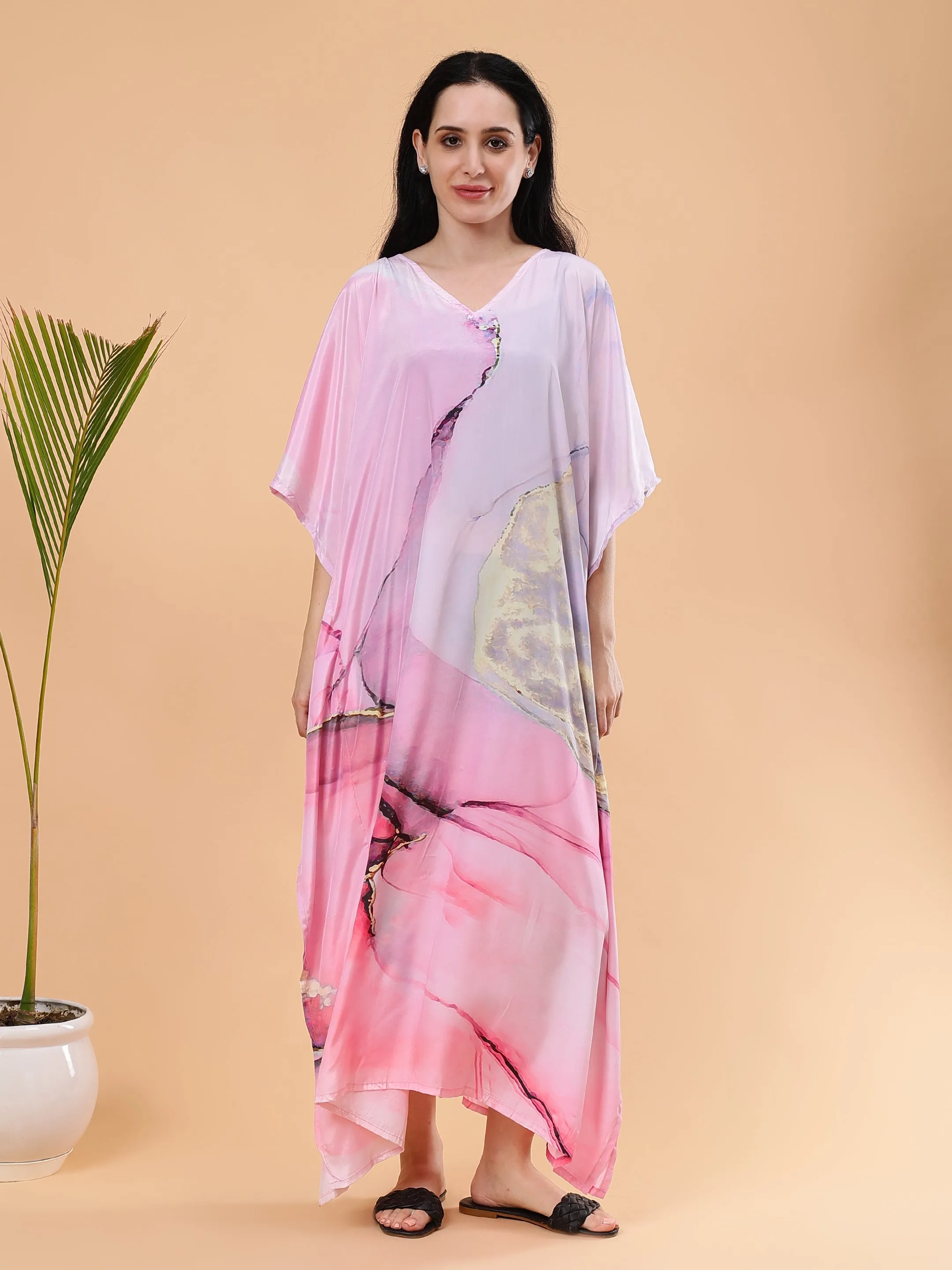 Digital Printed Feather silk Fabric Kaftan Midi Dress