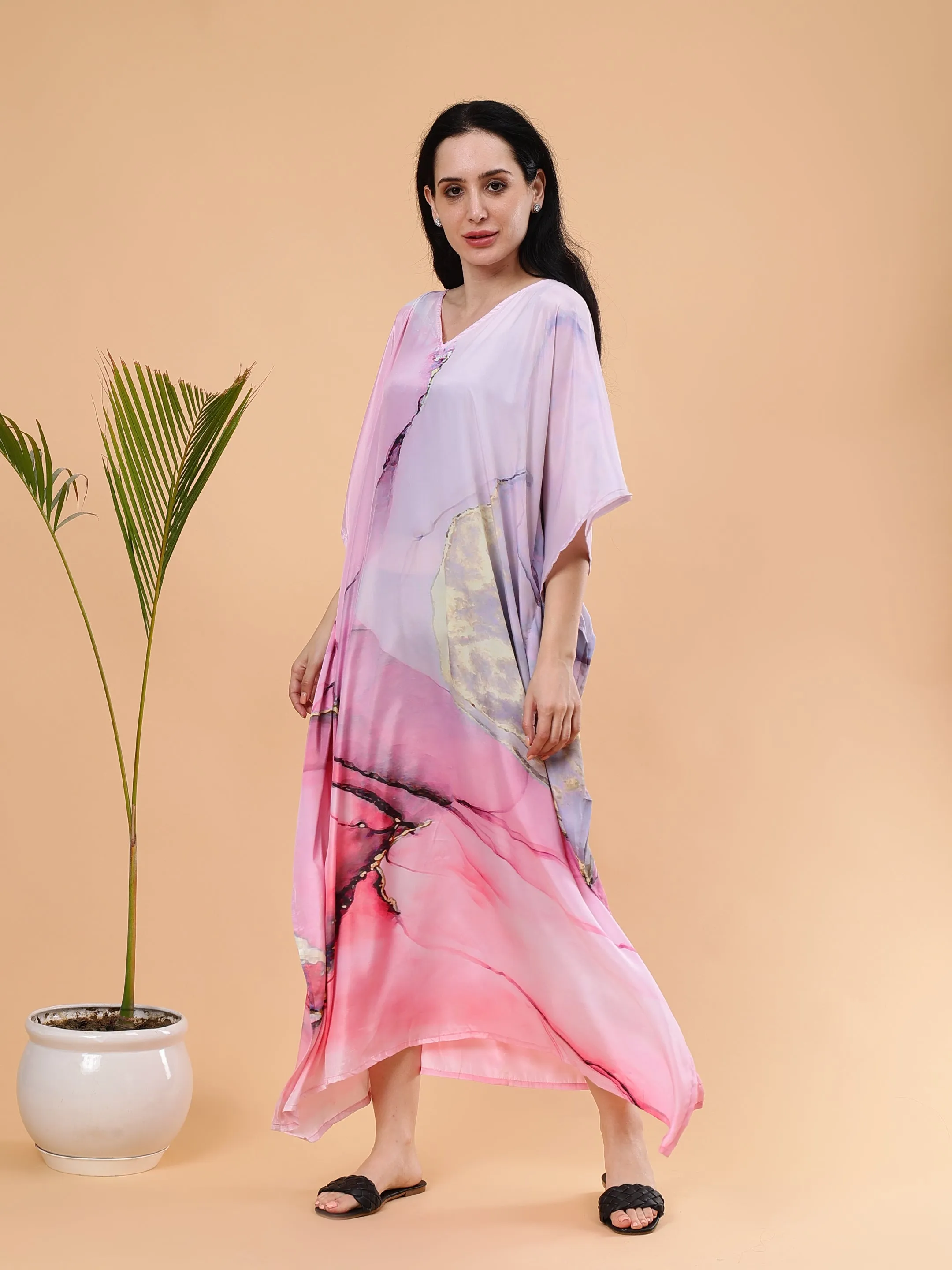 Digital Printed Feather silk Fabric Kaftan Midi Dress