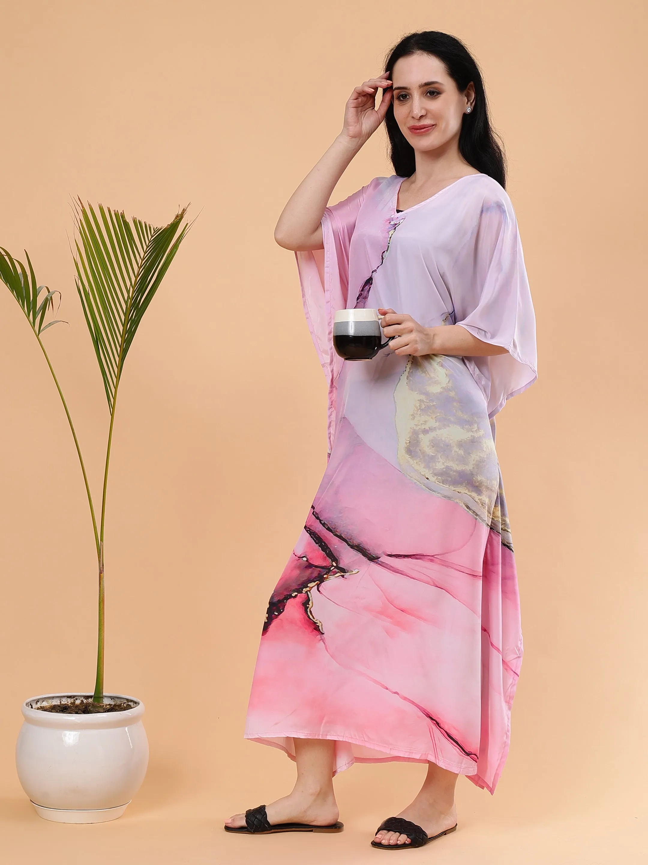 Digital Printed Feather silk Fabric Kaftan Midi Dress