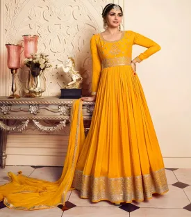 Digital Printed Silk Chiffon Anarkali Gown Yellow