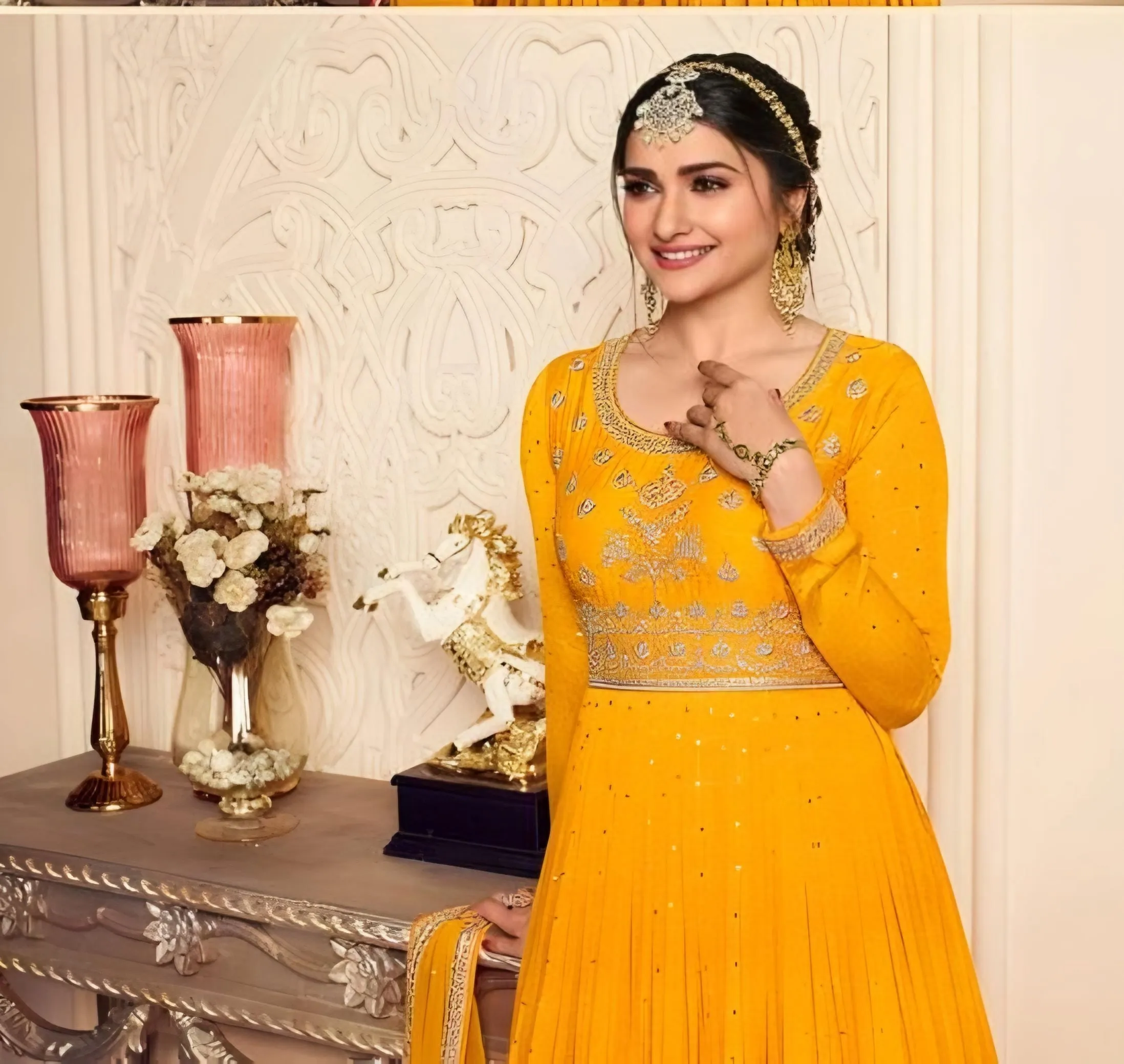 Digital Printed Silk Chiffon Anarkali Gown Yellow