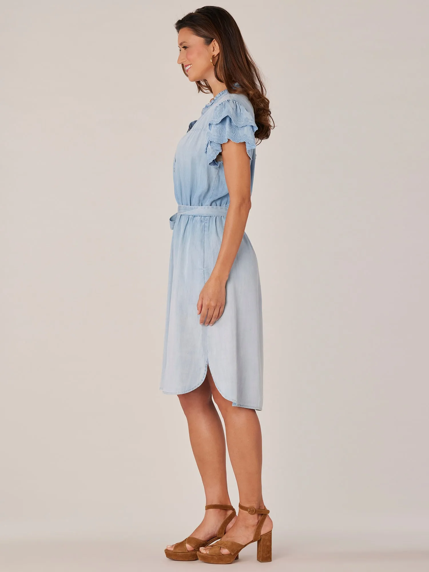 Double Flutter Sleeve Ruffle Mandarin Collar Woven Dress with Self Tie