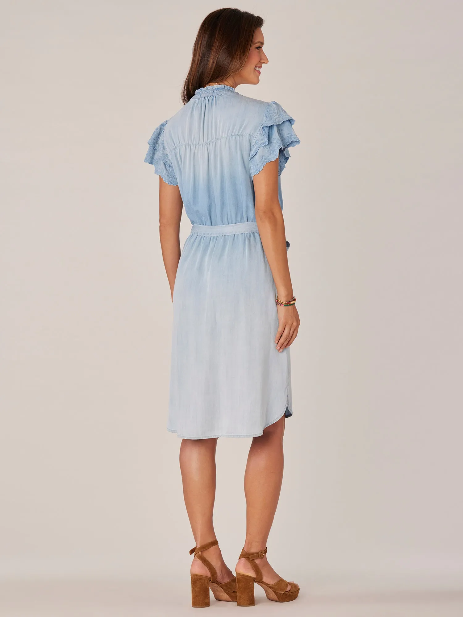 Double Flutter Sleeve Ruffle Mandarin Collar Woven Dress with Self Tie