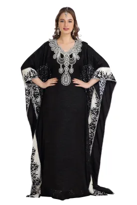 Dubai Kaftan With Embossed Fabric Printed Brasso & Silver Hand Work Abaya