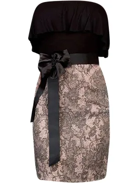 Elegant Black & Nude Floral Lace Strapless Dress Size Medium