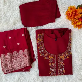 Elegant Maroon Dola Silk Kurta with Bead Work on Neck