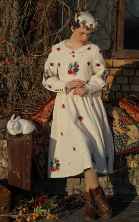 Ella Spring Autumn Winter Vintage Elegant Dress Sweet Strawberry Embroidery 100%Cotton Knitted Dress