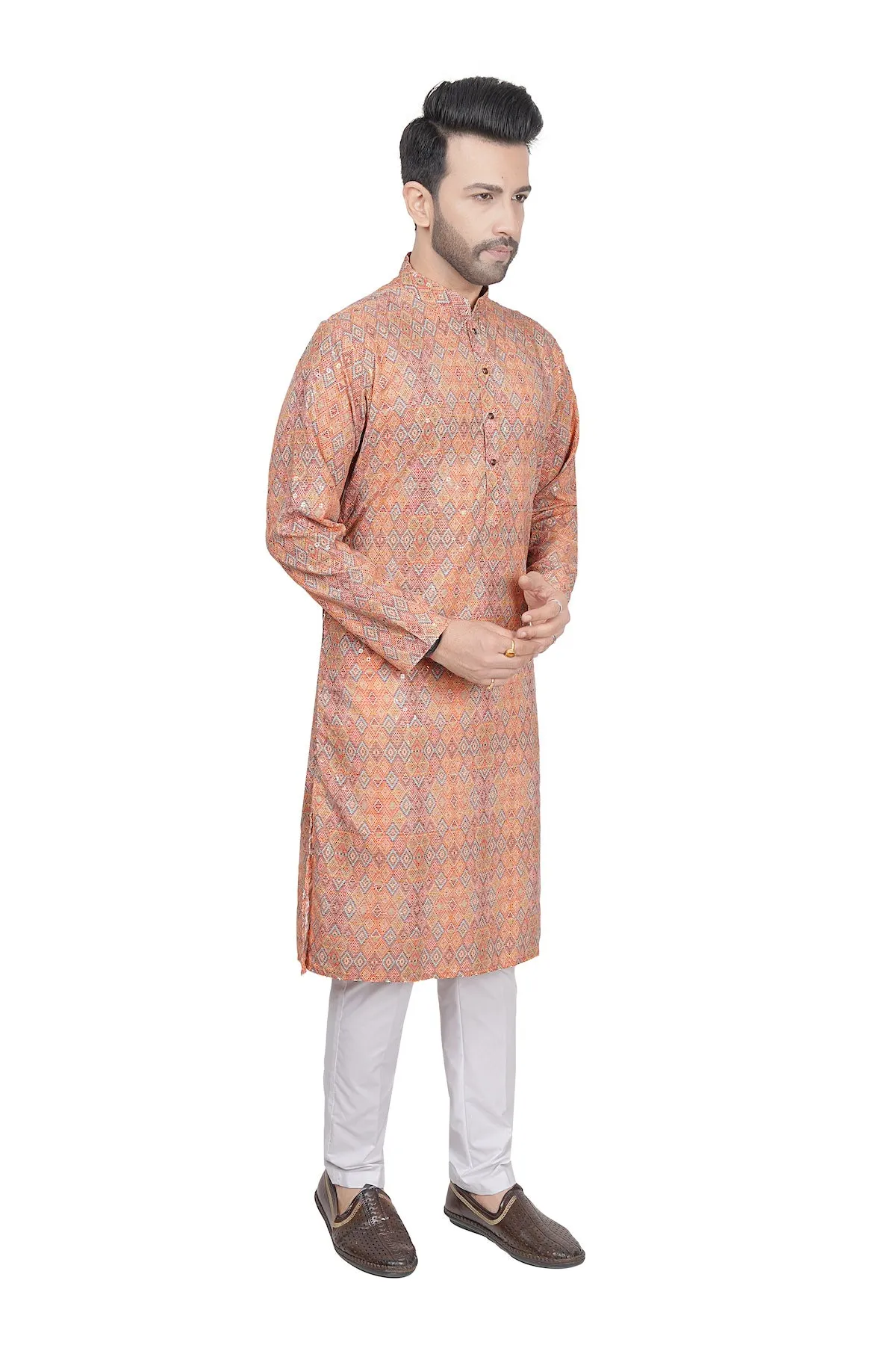 Embroidered peach mens kurta set