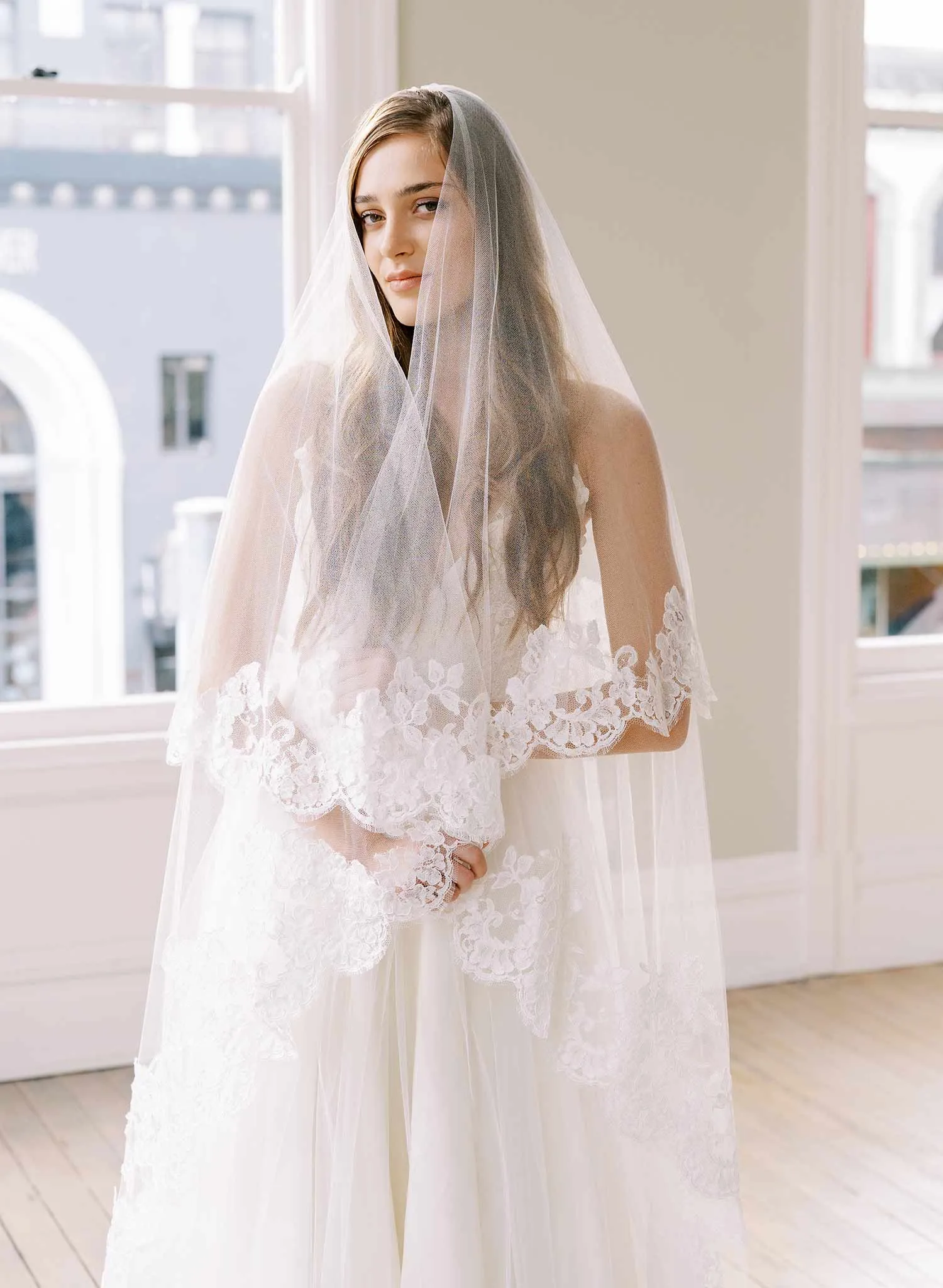 Floral romance French lace veil on silk tulle - Style #2460
