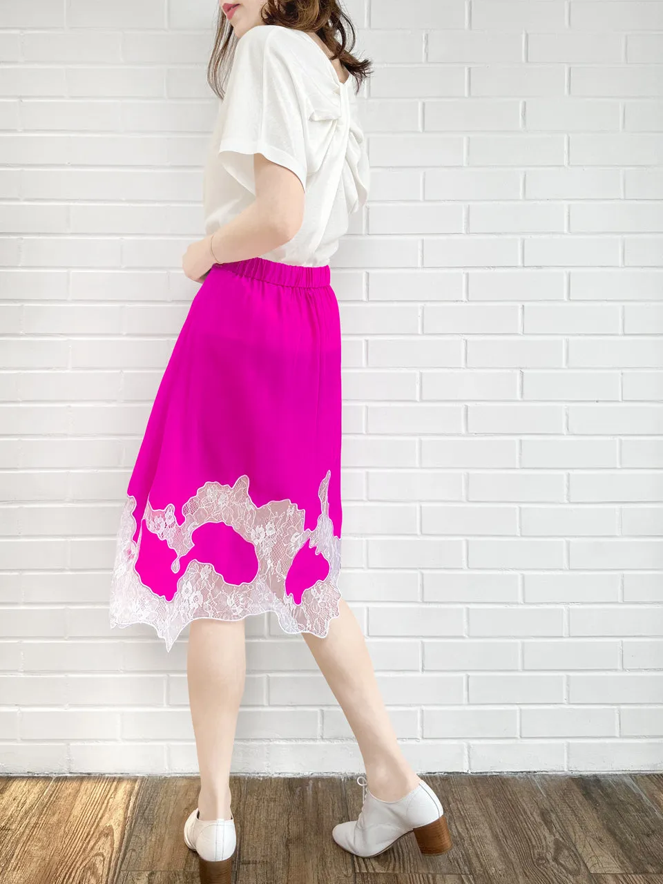 Fuchsia Silk Asymmetric Lace Trim Knee Length A-line Skirt