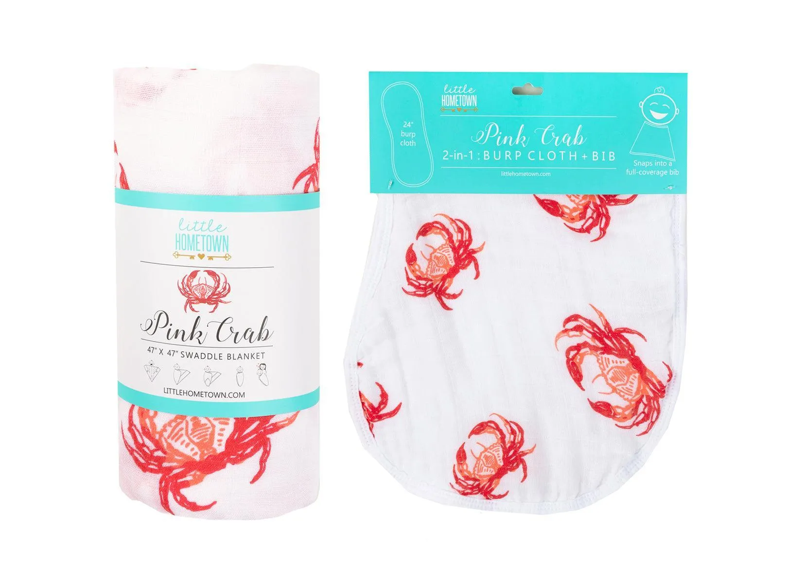 Gift Set: Pink Crab Baby Muslin Swaddle Blanket and Burp Cloth/Bib Combo