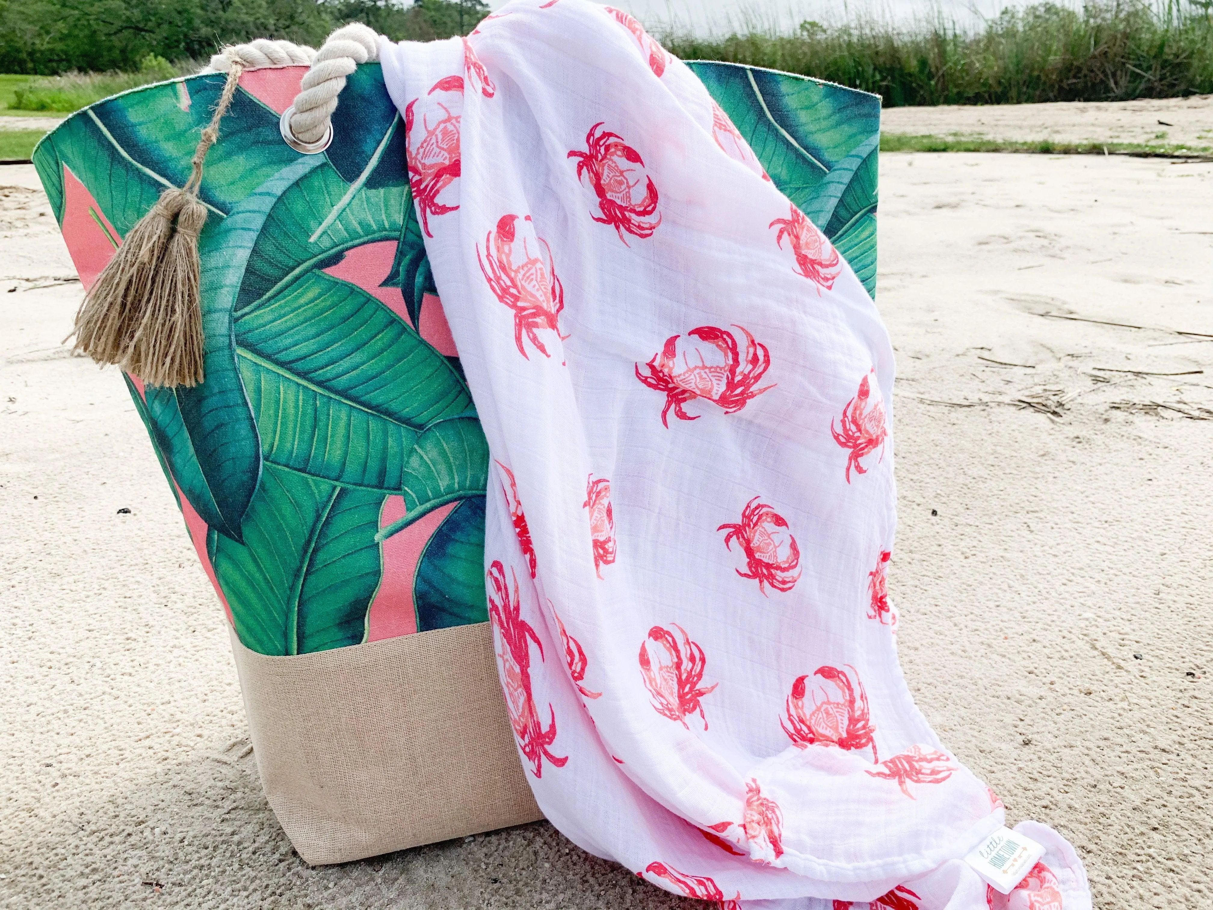 Gift Set: Pink Crab Baby Muslin Swaddle Blanket and Burp Cloth/Bib Combo