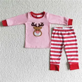 girls Christmas reindeer embroidered pink Pajamas sets 6 A27-12