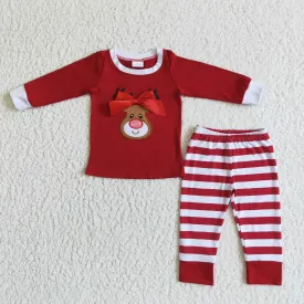 girls Christmas reindeer embroidered red Pajamas sets 6 B4-24