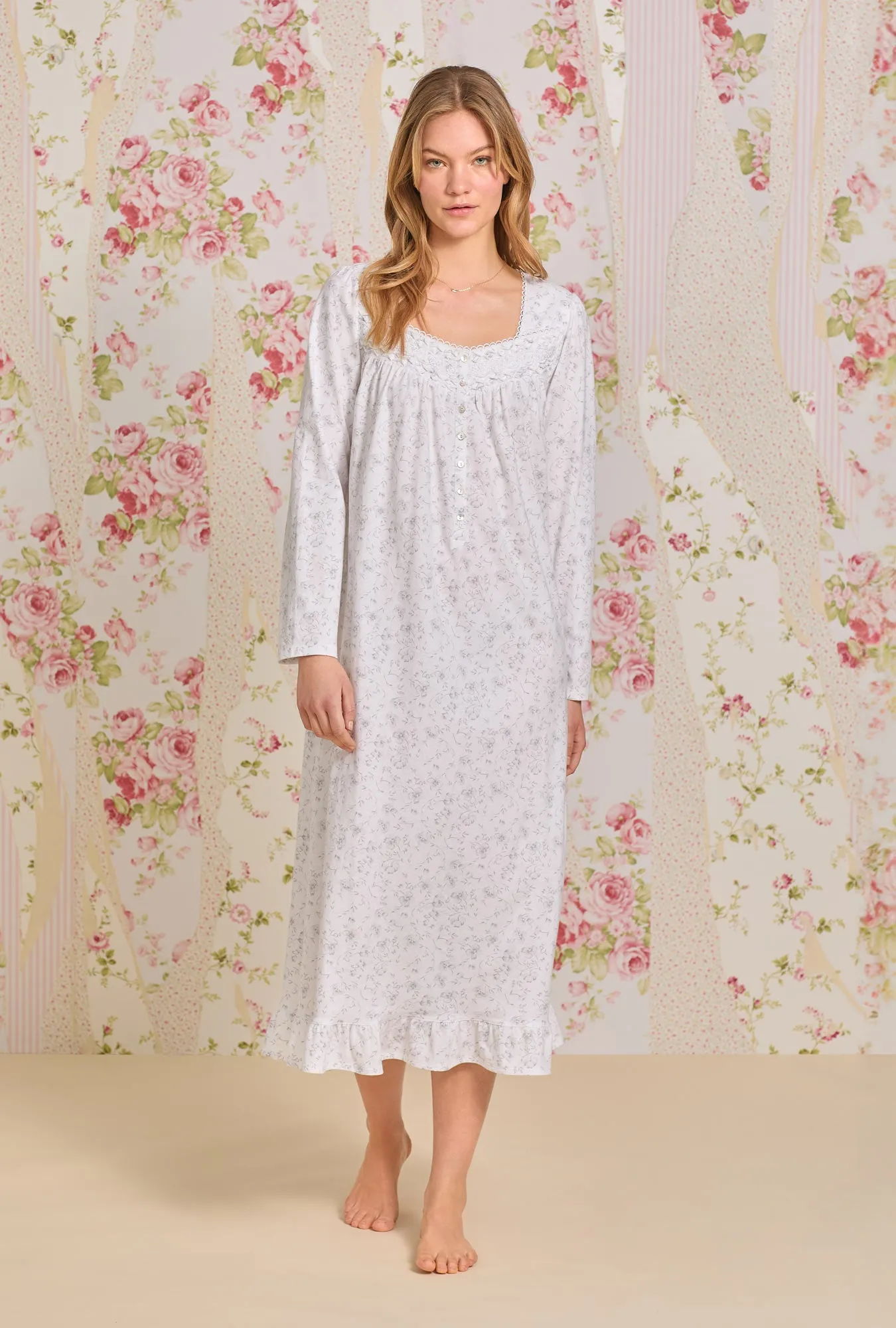 Grey Watercolor Floral Cotton Long Sleeve Knit Nightgown