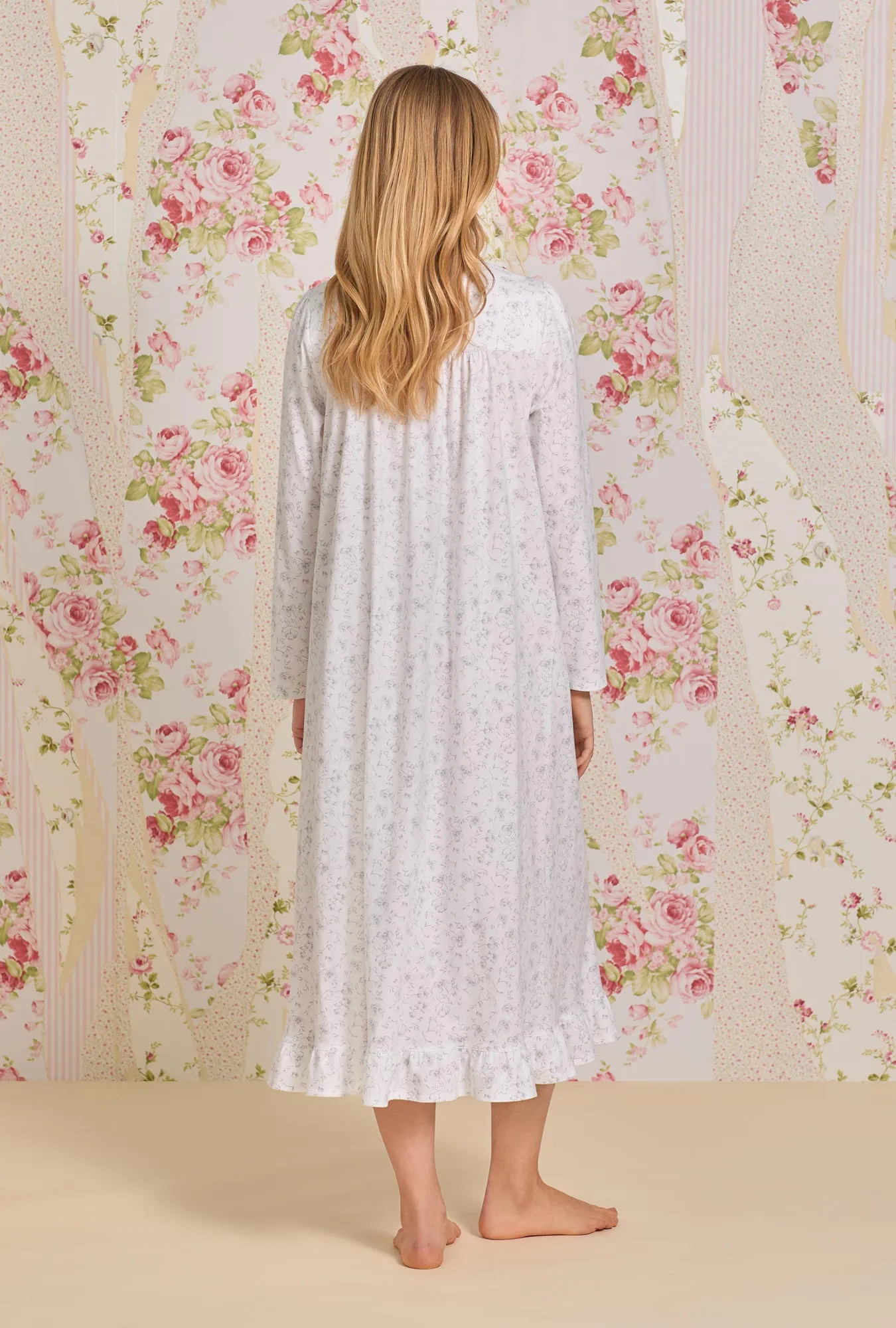 Grey Watercolor Floral Cotton Long Sleeve Knit Nightgown