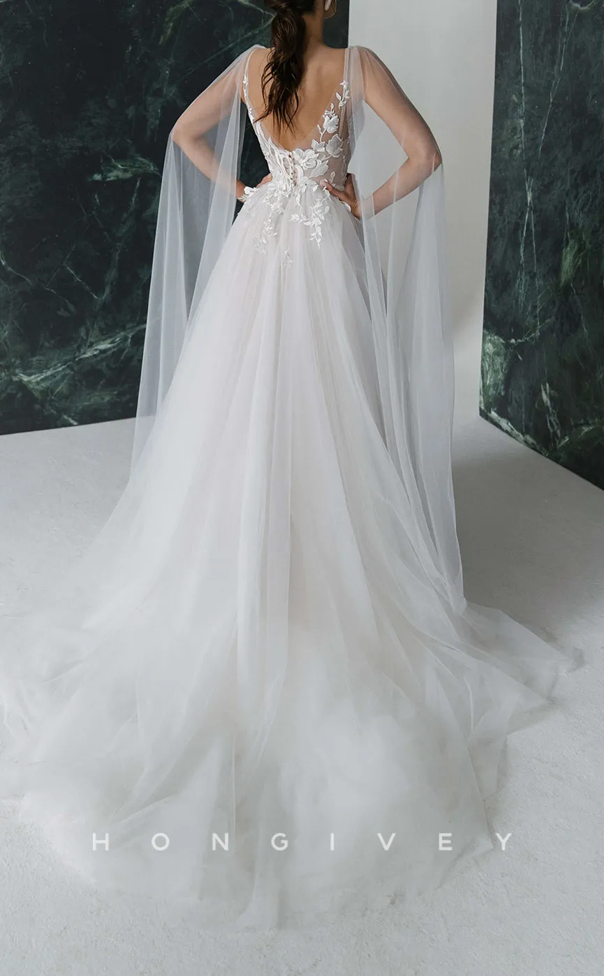 H1264 - Sexy Tulle A-Line V-Neck Spaghetti Straps Empire Appliques With Side Slit Train Wedding Dress