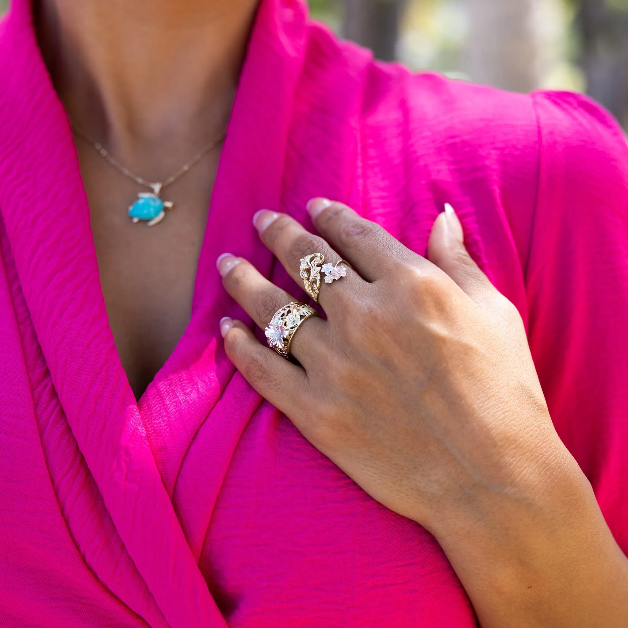 Hawaiian Gardens Hibiscus Ring in Multi Color Gold with Diamonds - 12mm