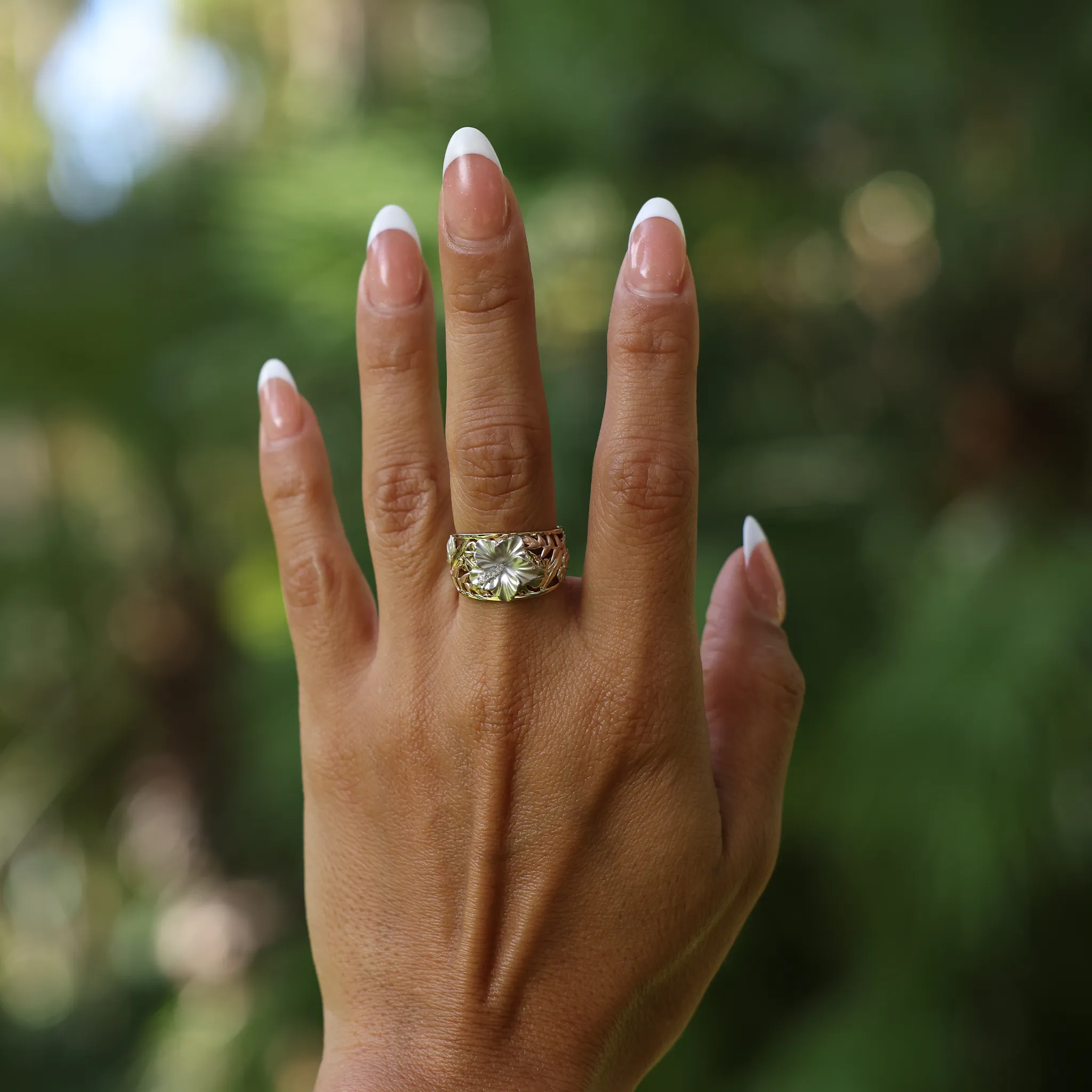 Hawaiian Gardens Hibiscus Ring in Multi Color Gold with Diamonds - 12mm