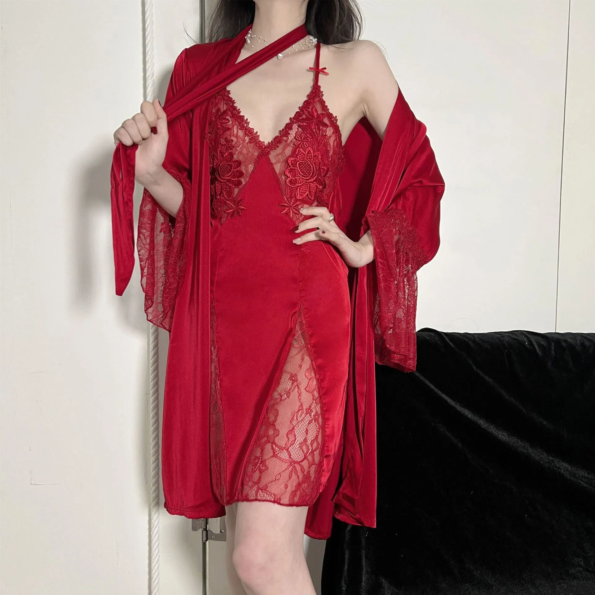 High Quality Women's Pajamas Robe Set Sexy Lace Bell Sleeve Bathrobe Hollow Sling Dress Sleepwear Homewear Nightgown